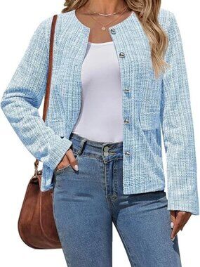 Women's Long Sleeve Tweed Blazer Jackets Button Business Casual Knit | Size M